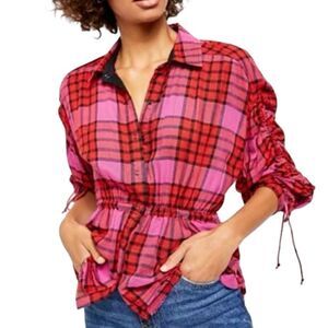 WE THE FREE Pacific Dawn Plaid Shirt Red Pink Cinch Waist Tie Back Size Large